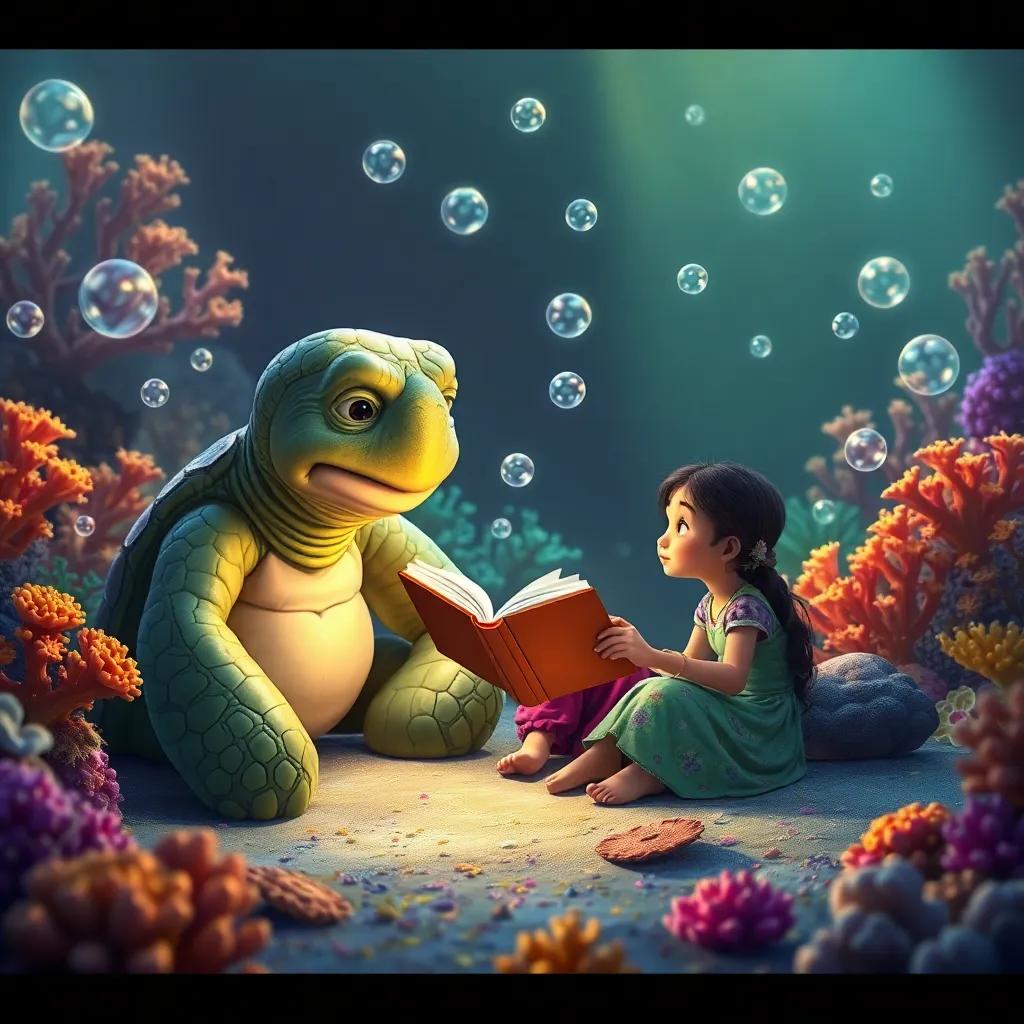 An old turtle telling stories to Sam and Sofía, sitting on the ocean floor, with magical bubbles around them, colorful corals in the background, warm light, enchanted atmosphere, high quality