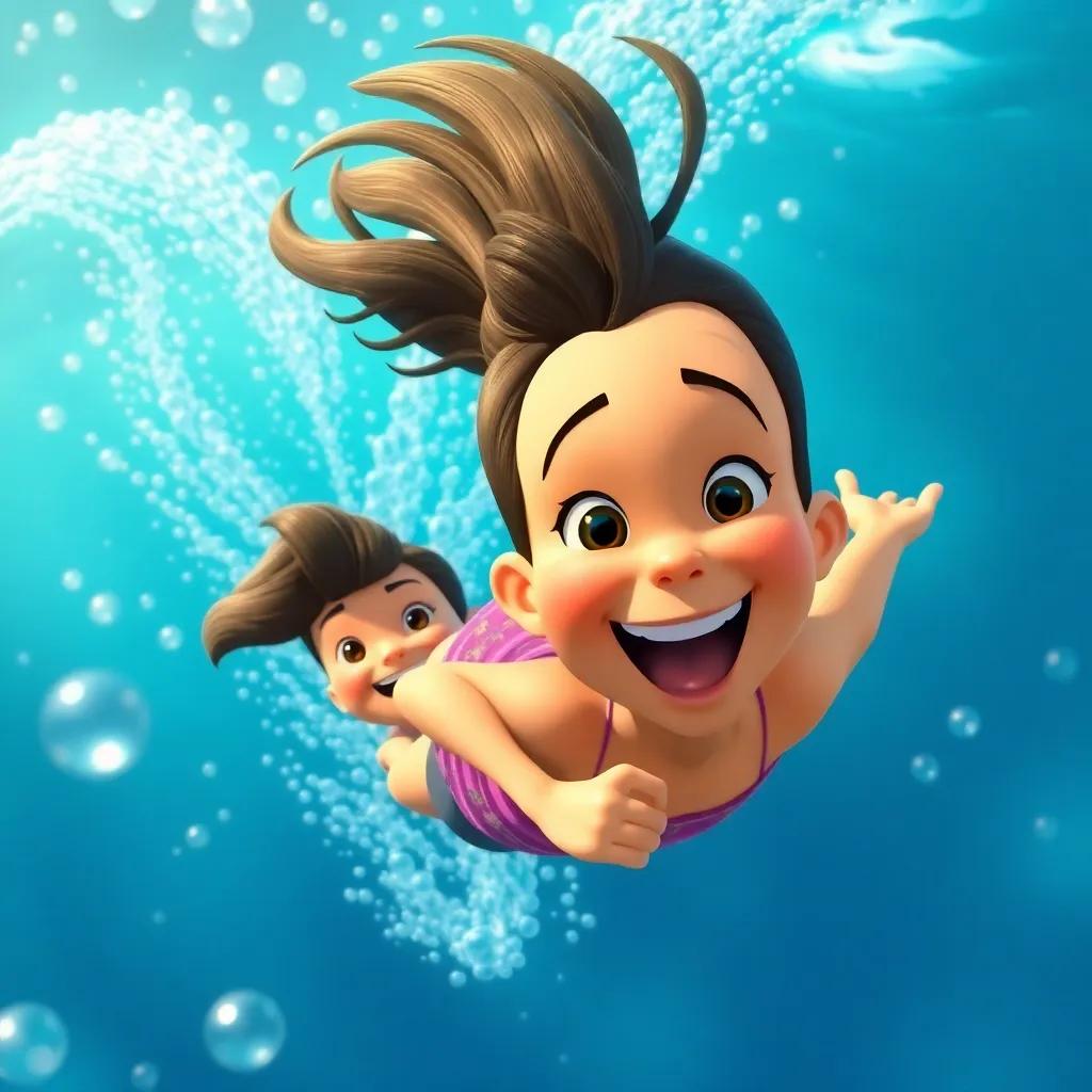 Sam and Sofía excitedly swimming fast through the ocean, feeling the thrill of adventure, following bubbling trails, bright and playful, high quality