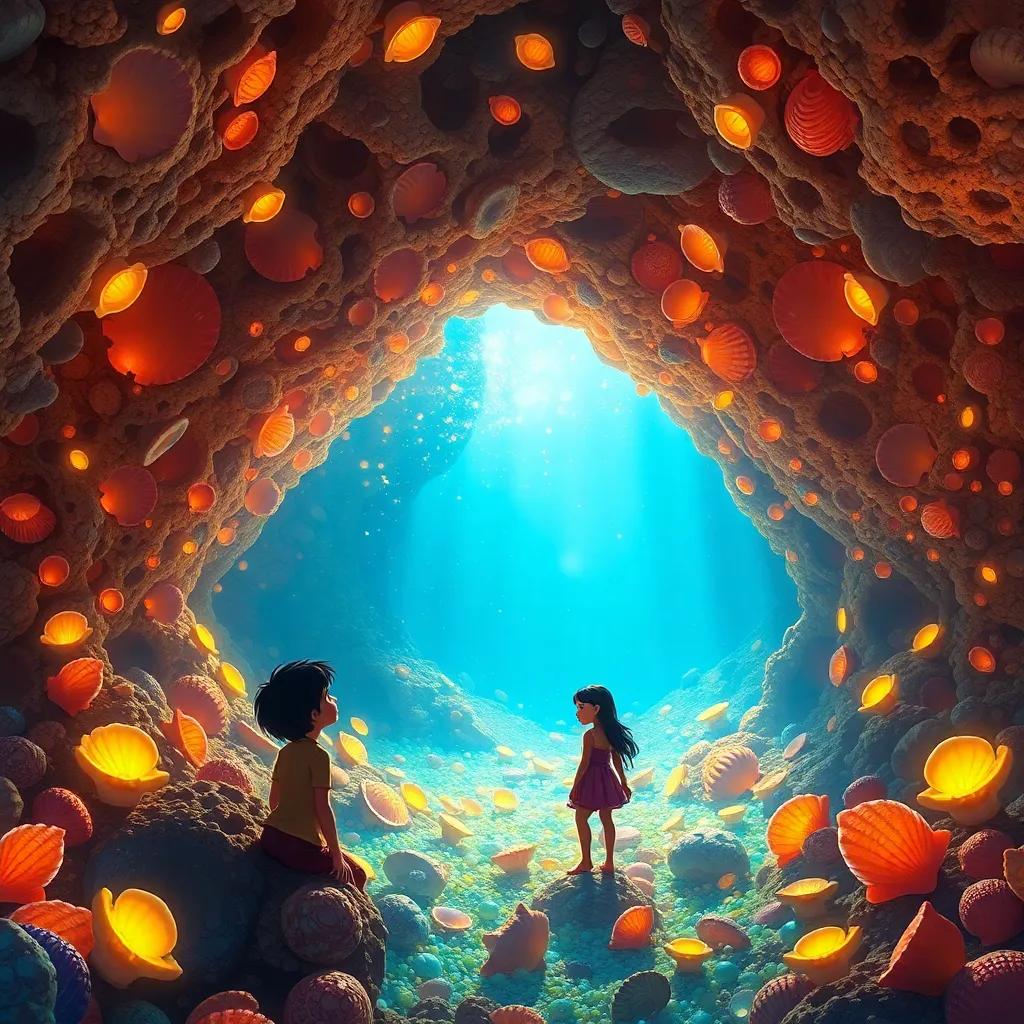 A beautiful underwater cave filled with shimmering shells and treasures, with Sam and Sofía marveling at the colors, magical atmosphere, warm and inviting light, high quality