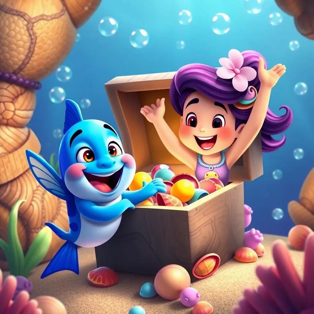 Sam and Sofía celebrating as they find a treasure chest filled with colorful shells, surrounded by bubbles and happy fish, cheerful expressions, joyful scene, high quality