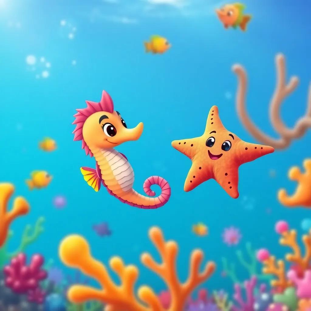 Sam the seahorse and Sofía the starfish happily swimming together in the ocean, surrounded by colorful corals and friends, emphasizing friendship, vibrant colors, heartwarming scene, high quality