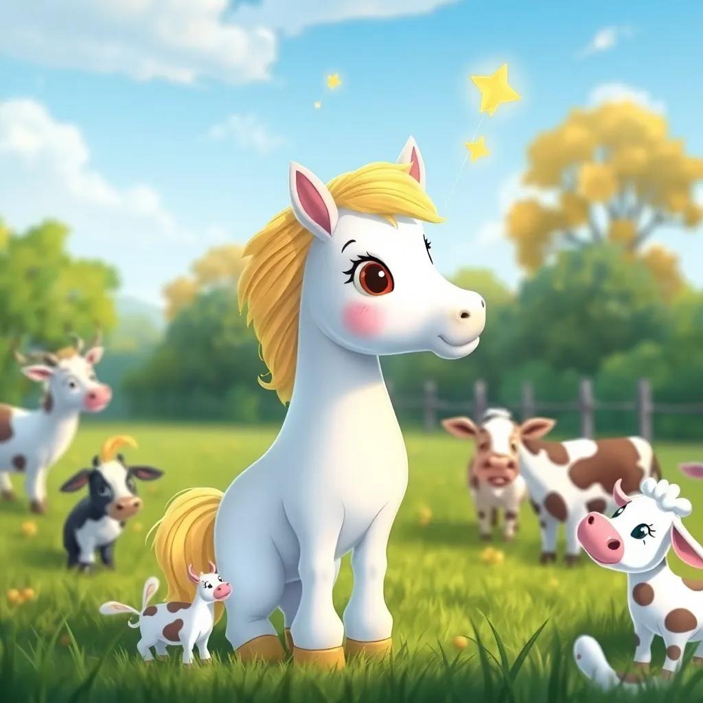 Un caballito llamado Estrella con una crin brillante, rodeado de vacas y patos en la granja, todos mirando juntos hacia el cielo, ilustración colorida, divertida y alegre, calidad alta