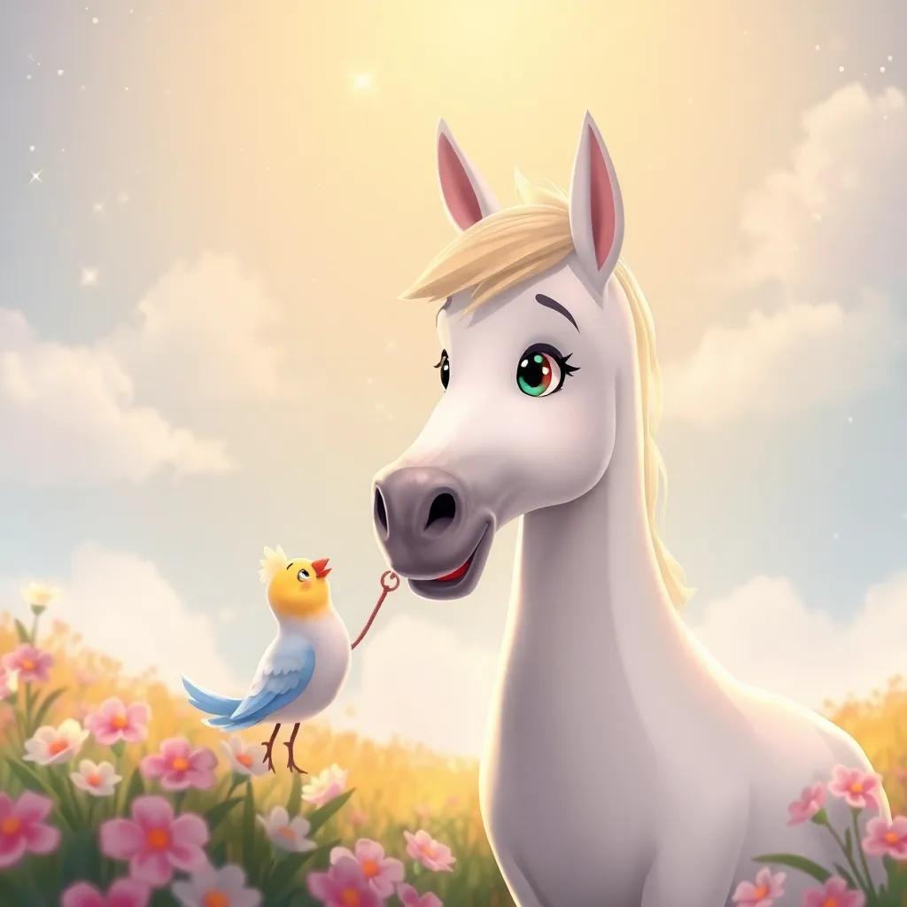 Estrella el caballo, felizmente hablando con el pato a su lado, con ojos brillantes, bajo el cielo estrellado, rodeado de flores y el sonido de la granja, escena amistosa, bellamente ilustrada, calidad premium