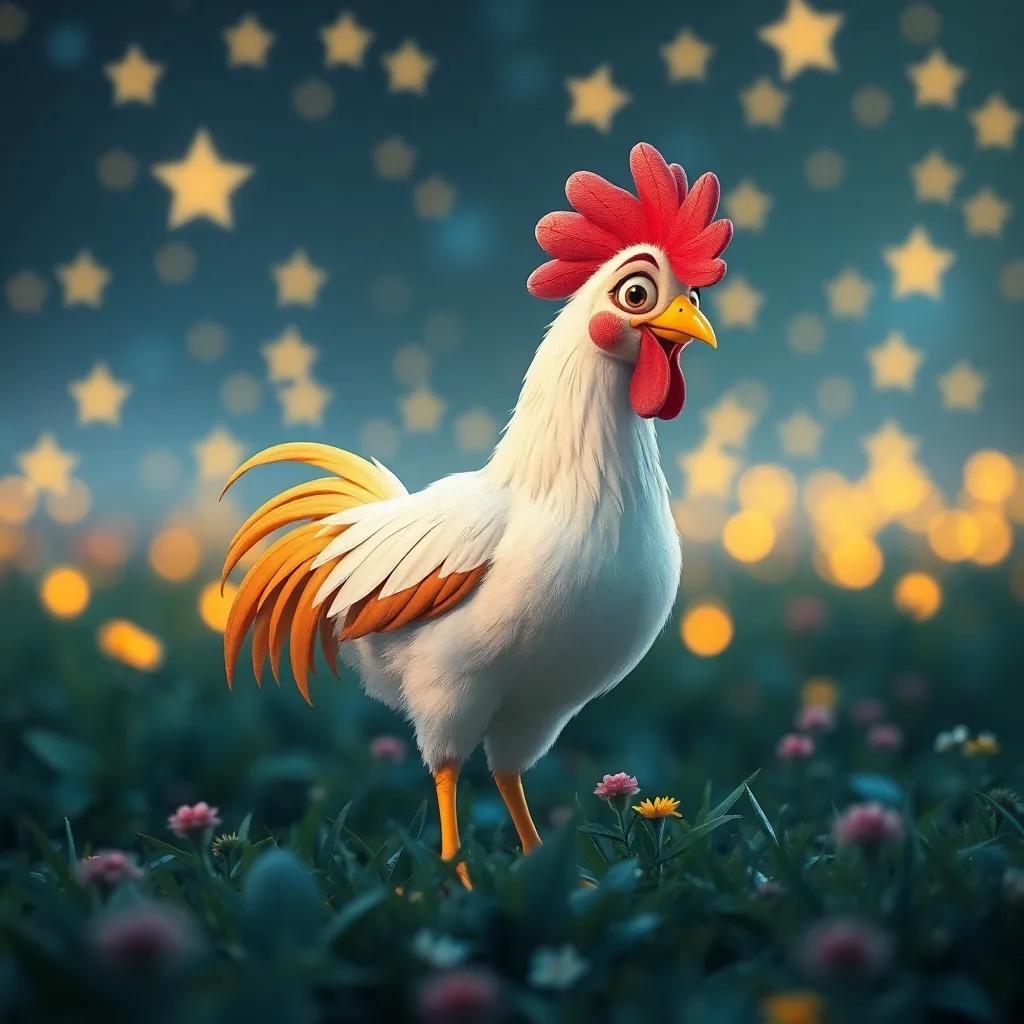 Un gallo con plumas coloridas diciendo a Estrella que se unirá a la aventura, en un entorno de granja, lleno de luces de estrellas en el fondo, arte animado, vibrante y emocionante, alta calidad