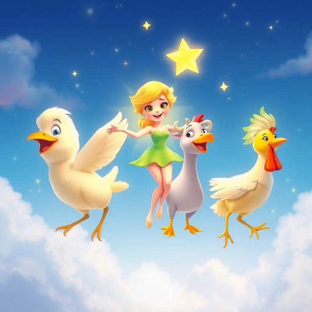 Estrella y todos sus amigos, el pato, la vaca, y el gallo, formando una cadena, listos para saltar juntos al cielo, escena de felicidad y trabajo en equipo, colores brillantes, digital painting, estilo amigable