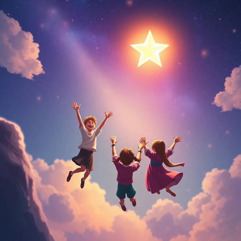 El grupo saltando hacia el cielo, llegando casi a la estrella brillante, con gran alegría y determinación en sus rostros, historia fantástica, ilustración mágica, colores suaves, alta calidad