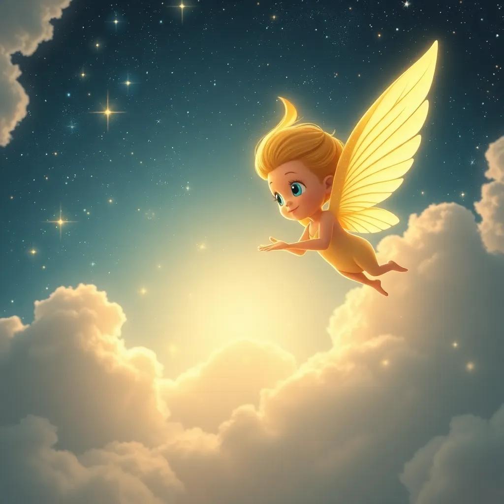 Estrella experimentando el viento en su cara mientras salta hacia la estrella, con un cielo de estrellas brillantes y nubes suaves, iluminado dulcemente, arte digital, emocionante y encantador, calidad alta