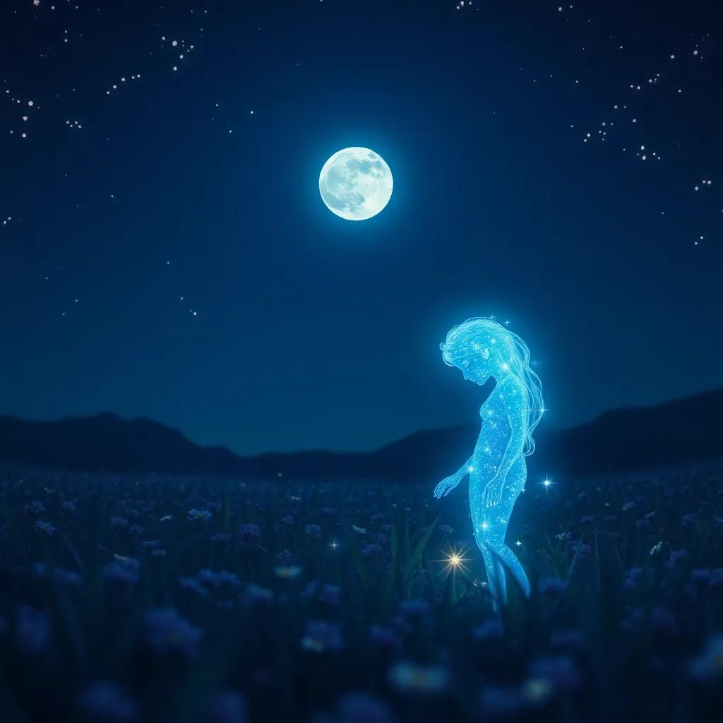 Estrella sintiéndose decepcionada mientras mira las estrellas después de no alcanzar su sueño, en un prado bajo la luz de la luna, escena conmovedora, bellamente presentada, arte reflexivo, alta calidad