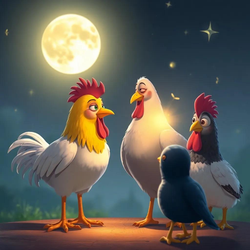 El gallo hablando amablemente a Estrella, con el grupo de amigos alrededor, en un ambiente cuidado, iluminado por la luz de la luna y las estrellas, ilustración inspiradora, colores calidos, calidad premium