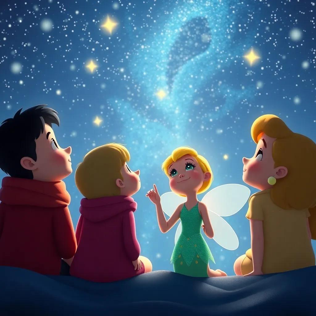 Estrella mirando las estrellas junto a sus amigos y sonriendo, con un cielo estrellado brillante, simbolizando sueños y amistad, arte vibrante, dulce y conmovedor, alta calidad
