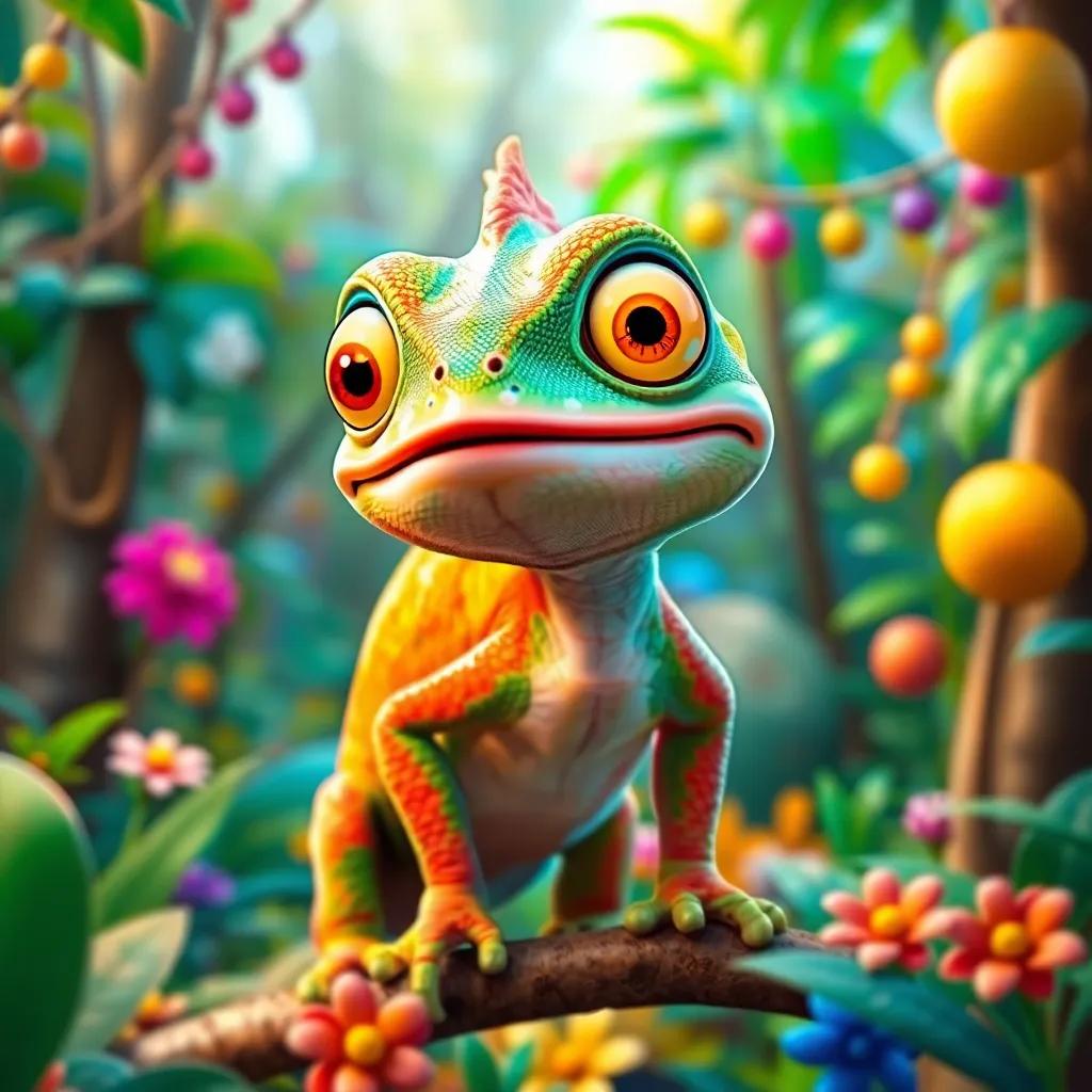 A chameleon named Cami, changing colors, in the middle of a vibrant forest, with a cheerful expression and colorful decorations around, digital art, bright colors, lively atmosphere, high quality