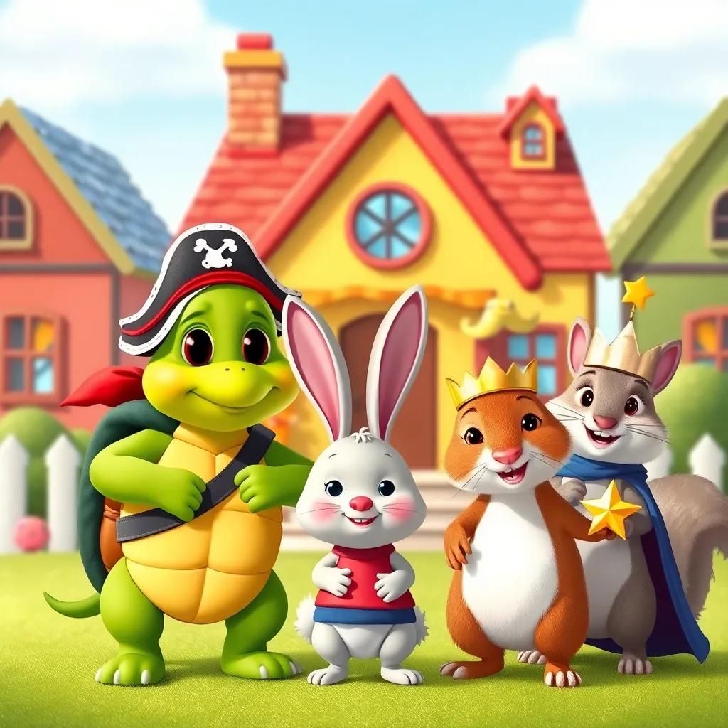 Various animals in costumes, a turtle dressed as a pirate, a rabbit as a king, and a squirrel as a star, gathered in front of a colorful house, illustration, joyful and fun, child-friendly, high quality