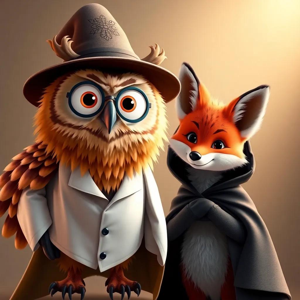 A wise owl dressed as a mad scientist, a fox in a black magician's cape, showcasing their unique costumes with proud smiles, warm light, whimsical and playful vibe, high quality