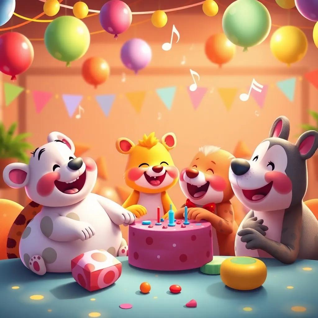 Animals playing games at the party, laughing and having fun, with decorations hanging and music notes floating in the air, digital art, vibrant and joyful, child-friendly, high quality