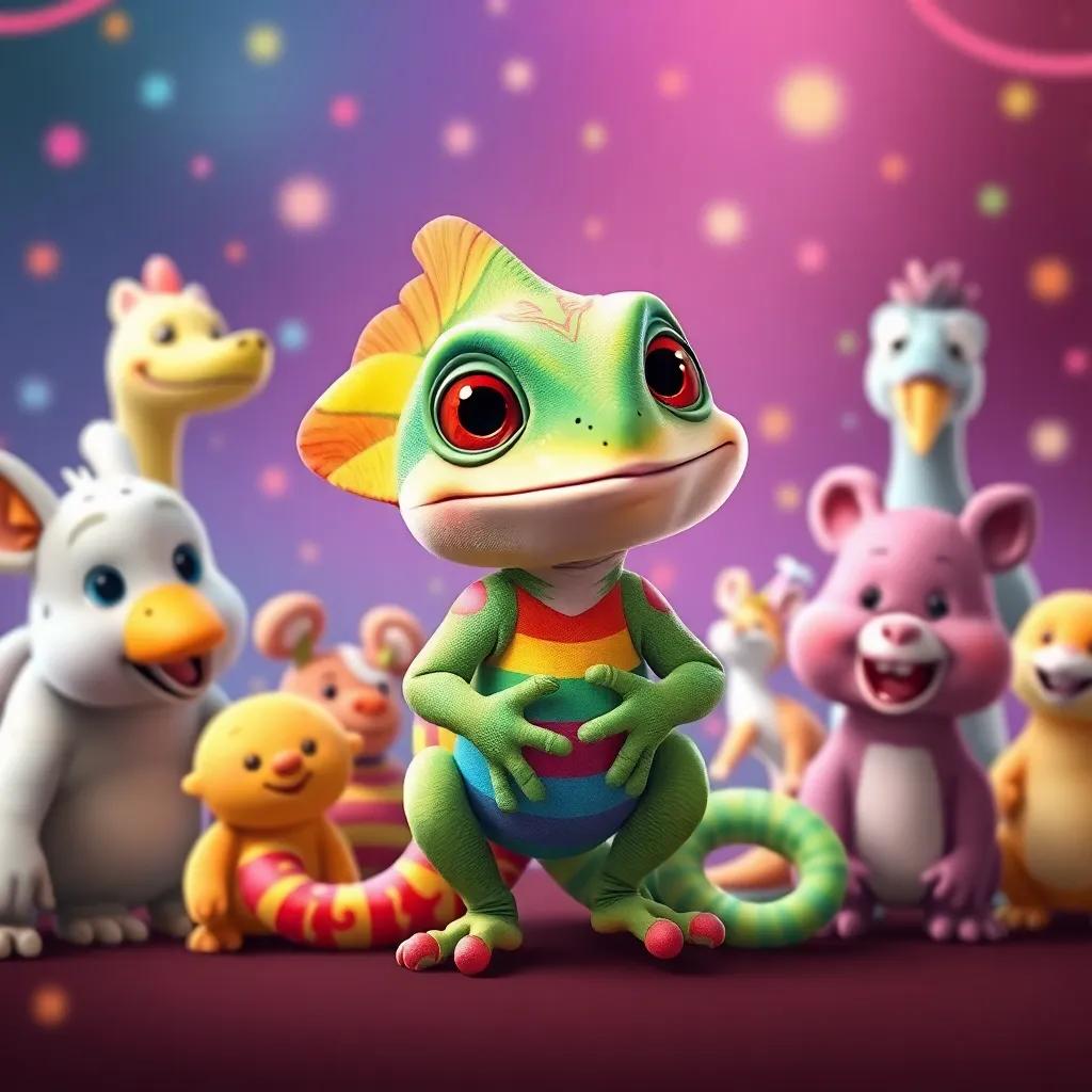 Cami the chameleon dressed as a rainbow, surrounded by happy animal friends with colorful backgrounds, celebrating friendship and joy, festive atmosphere, high quality