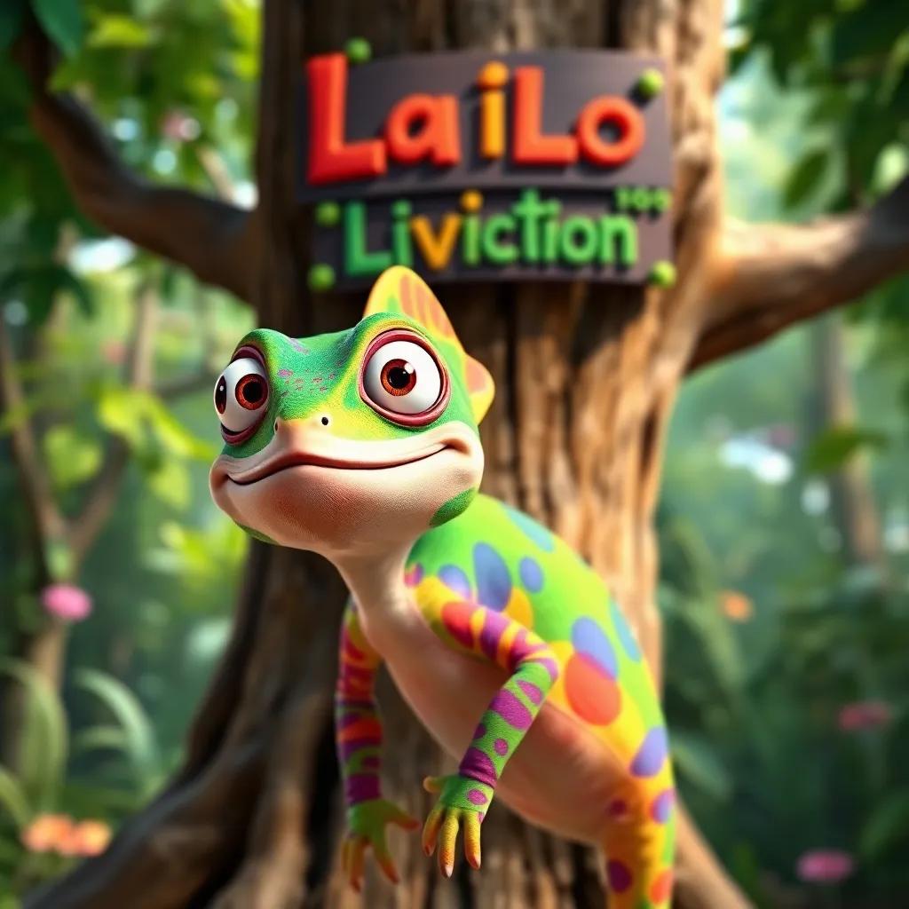 A chameleon named Carlos, smiling and colorful, standing in front of a tree with a colorful invitation, vibrant forest background, cheerful atmosphere, digital art, bright colors, engaging perspective, child-friendly