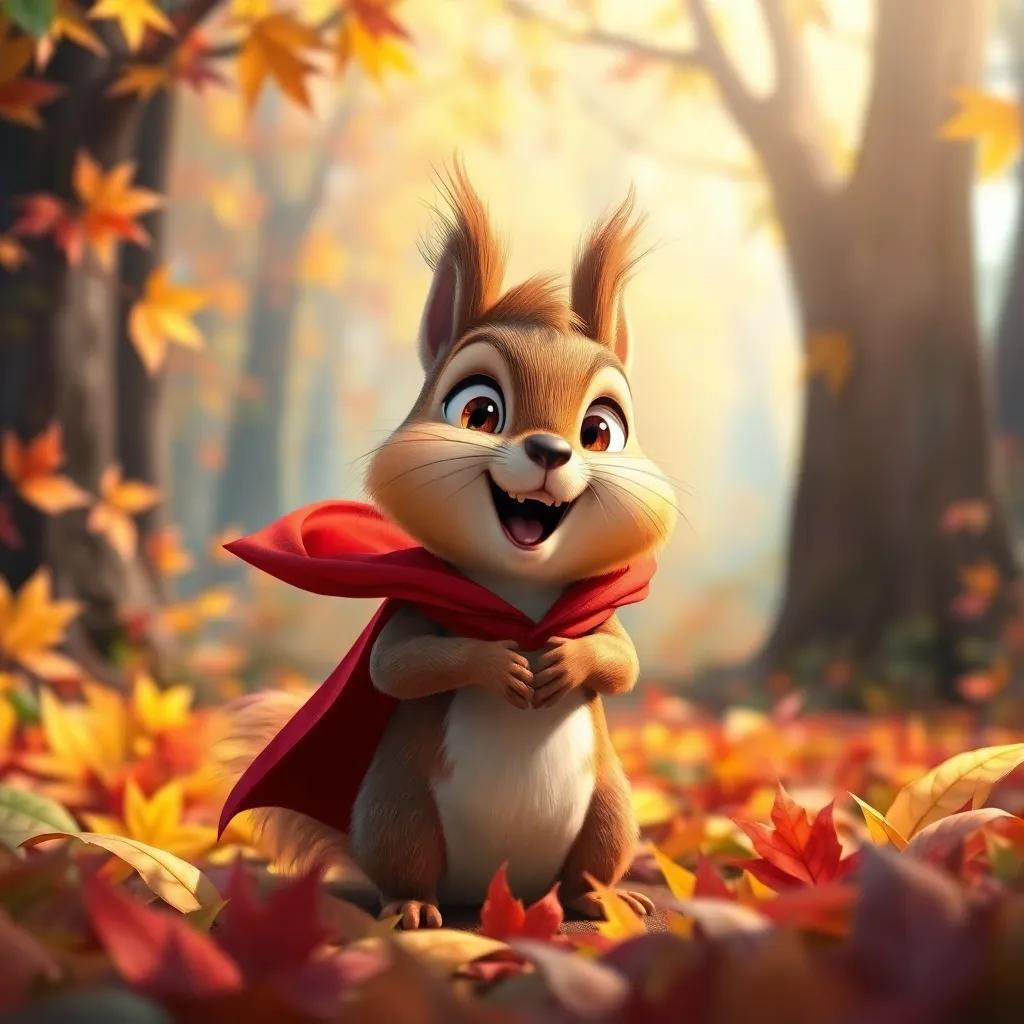 A squirrel dressed as a superhero with a red cape, looking excited in a vibrant forest, surrounded by colorful leaves, playful and energetic scene, illustration, warm light, fun setting, child-friendly