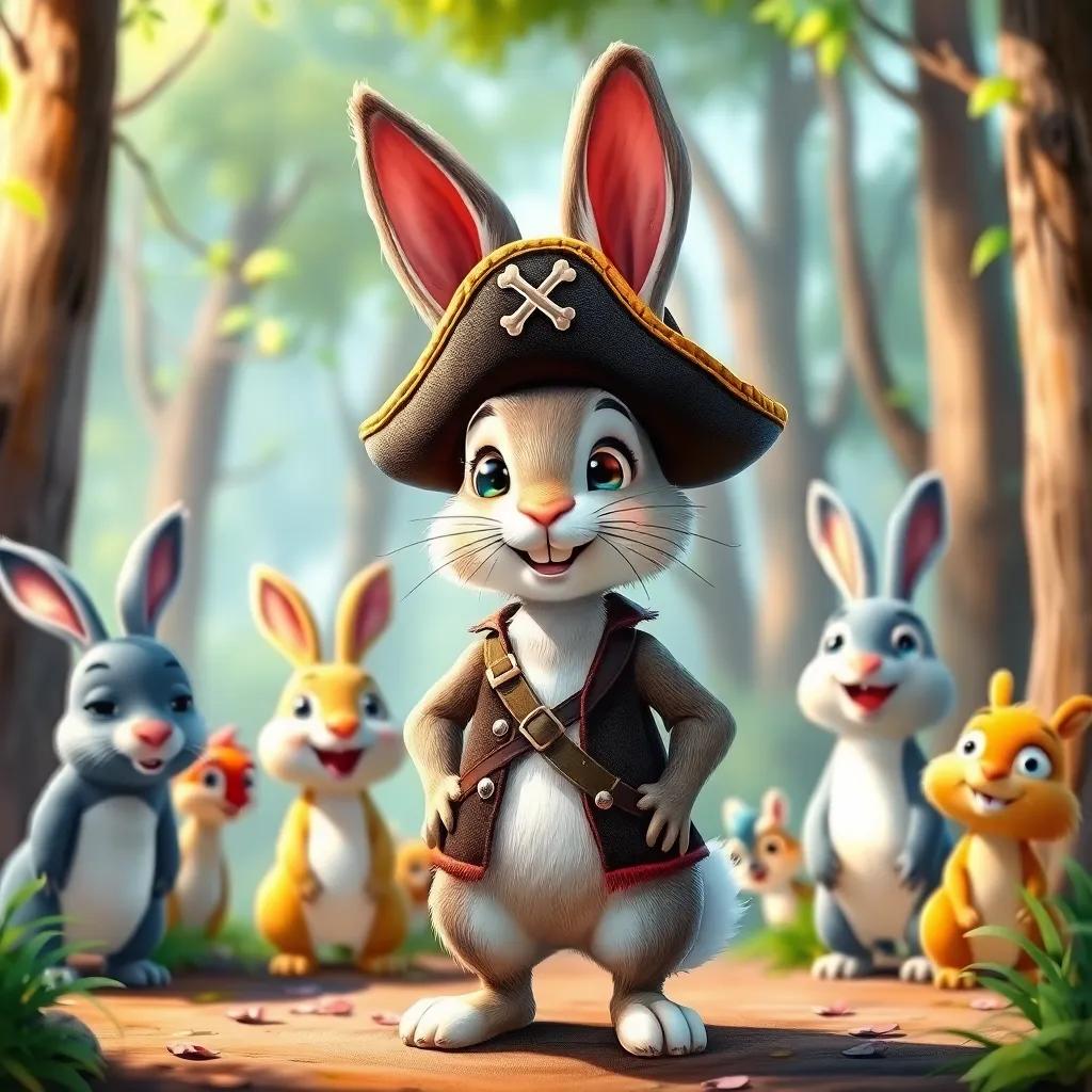 A rabbit dressed as a pirate with a tri-corner hat, standing proudly in a clear forest setting, playful animals waiting for a party, joyful and lively scene, digital painting, colorful environment, child-friendly