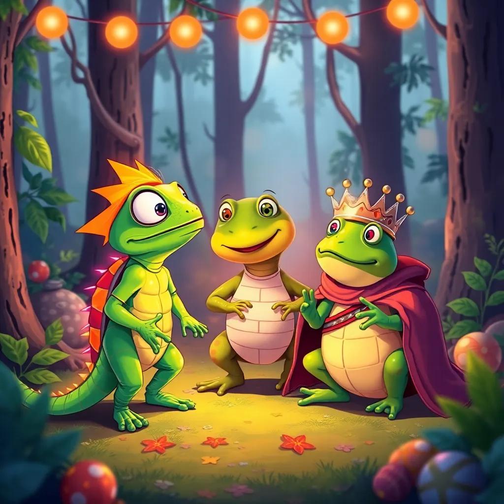 A chameleon in a bright costume that changes colors, looking amazed at his friends, a turtle dressed as a dinosaur, and a frog dressed as a king, celebrating in a cozy forest, festive atmosphere, cheerful and vivid, illustration, community spirit, child-friendly