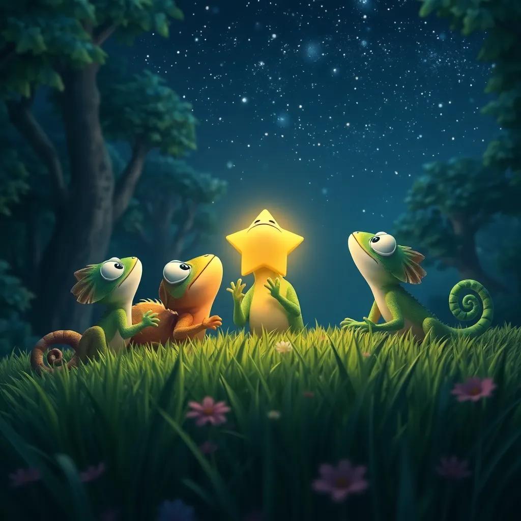 A chameleon and his friends lying on the grass, looking up at the starry sky, the chameleon glowing like a star, creating a magical moment of joy, peaceful forest, digital art, soft colors, heartwarming atmosphere, child-friendly