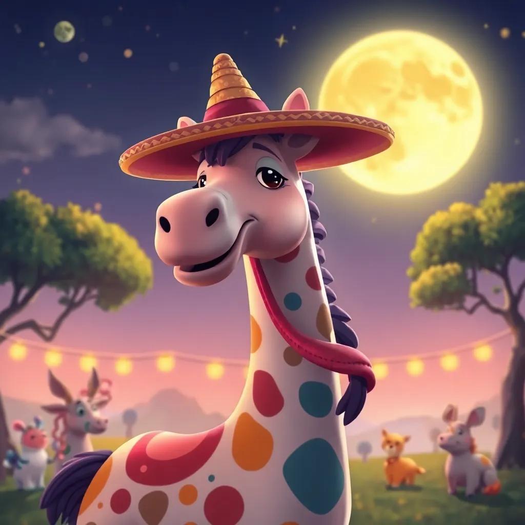Una jirafa divertida con un sombrero loco en su largo cuello, sonriendo bajo la luz de la luna, con árboles y otros animales de fondo, ilustración, divertida, ambiente festivo, colorido