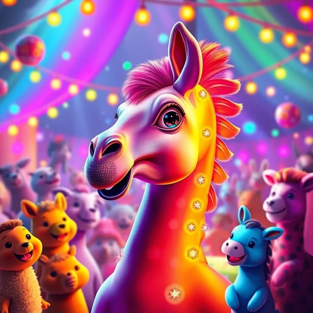 Un camaleón mágico, Carlos, con escamas de muchos colores brillantes, rodeado de animales felices en una fiesta, luces de colores brillantes, digital painting, festivo, alegre, colorido