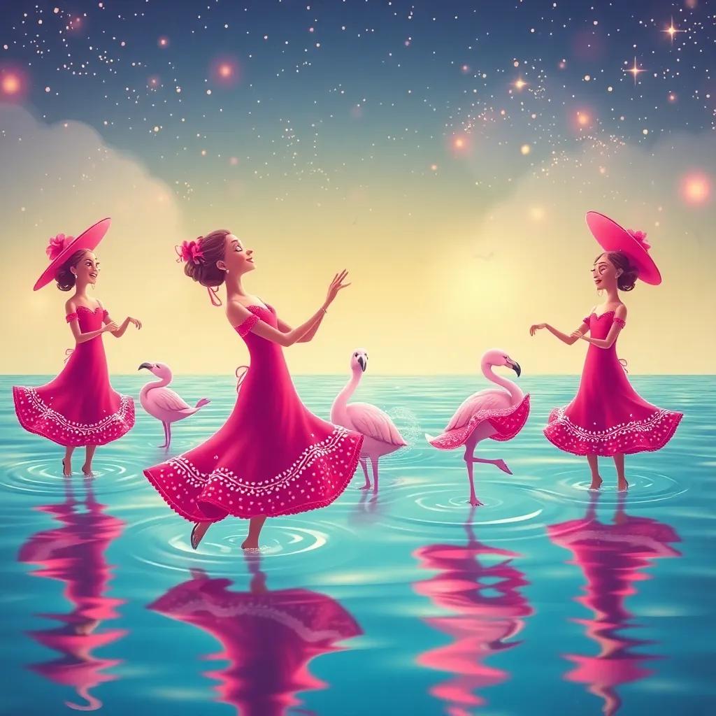 Flamencos rosa bailando al ritmo de la música, con elefantes haciendo un espectáculo de agua, bajo un cielo estrellado, detalles animados y vibrantes, ilustración, alegre, celebración