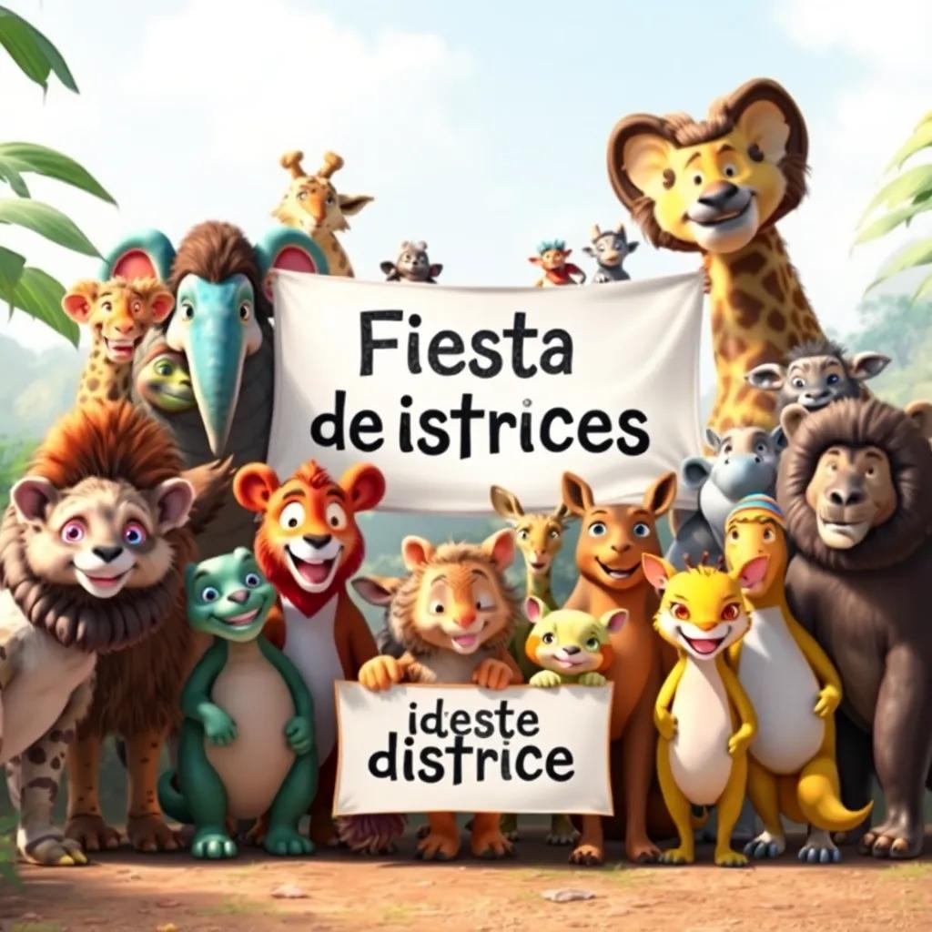 Todos los animales de la selva reunidos para una foto grupal, sonrientes en sus disfraces, con una gran pancarta que dice 'Fiesta de disfraces', digital art, cálido y acogedor, celebración, colorido