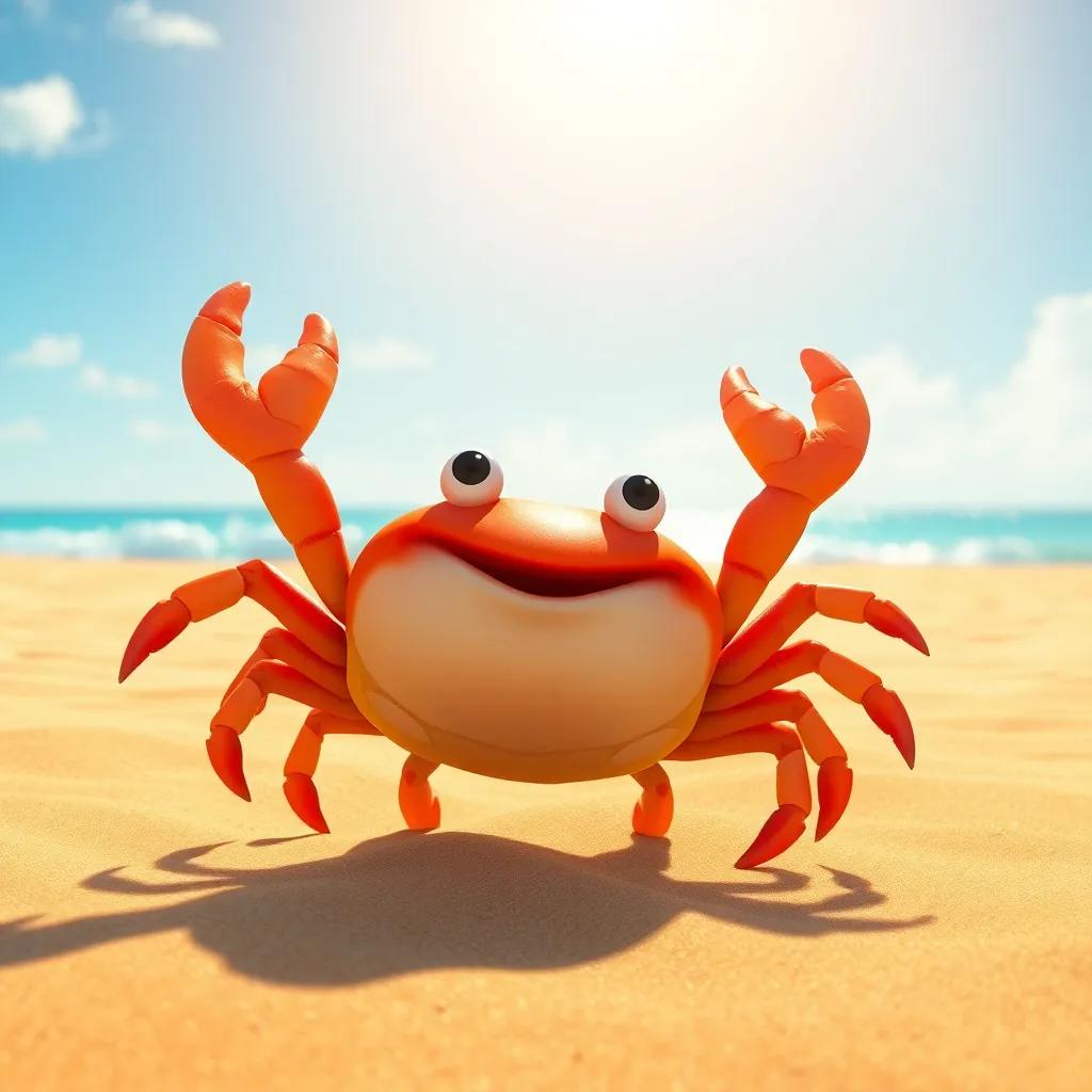 A small crab named Carlos, a cute crab, dancing joyfully on the golden sandy beach under a bright blue sky, with sun shining down, colorful beach scene, cheerful atmosphere, vibrant colors, digital art, sharp focus, high quality