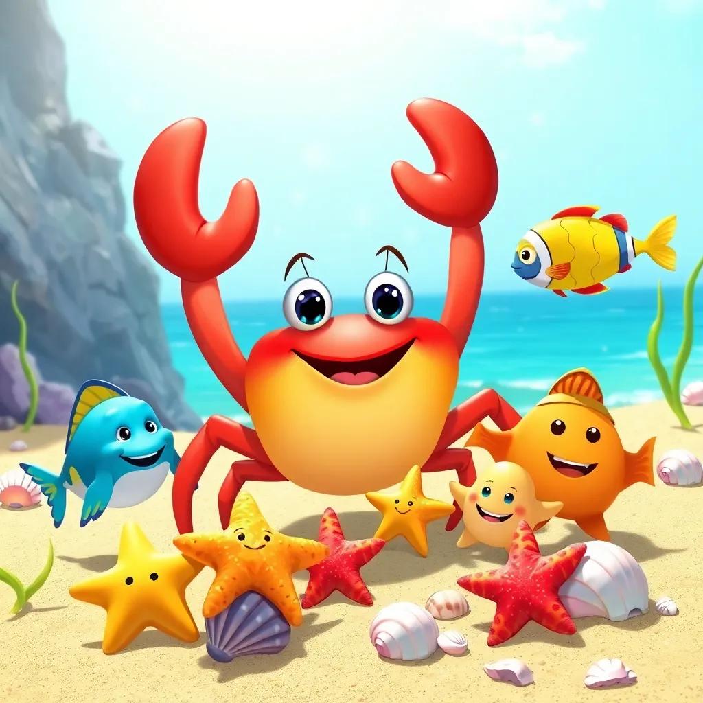 Carlos the crab inviting all his sea friends, smiling fish and starfish gathering around, decorated beach with shells and seaweed, lively and colorful, joyful mood, bright sunlight, digital illustration, child-friendly, high quality