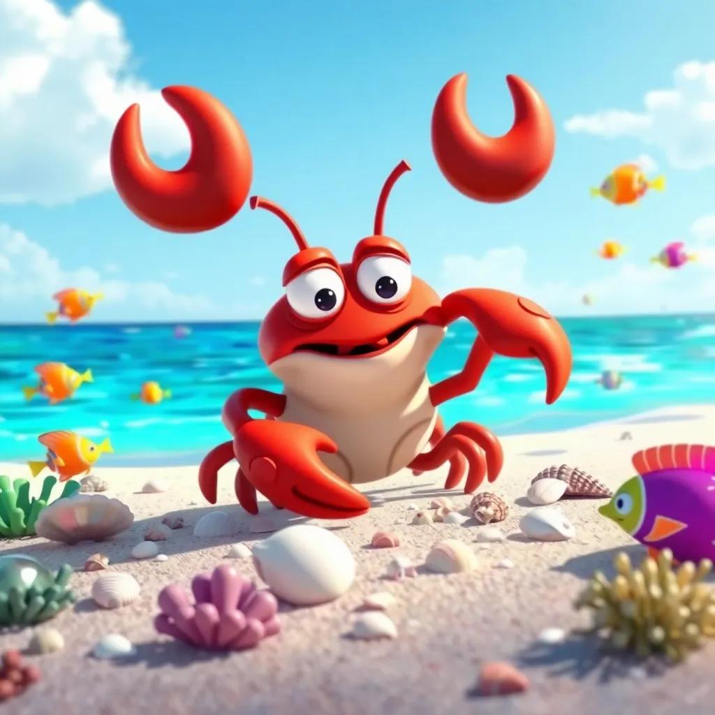 Carlos the crab nervously preparing the stage on the beach, placing shells and algae around, colorful fish swimming nearby, bright sunny day, vibrant colors, festive atmosphere, cartoon style, high quality