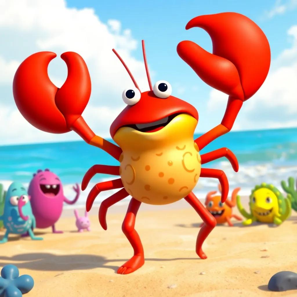Carlos the crab performing confidently on the beach, dancing with joyful ocean friends cheering him on, colorful ocean background, sunny day, vibrant colors, happy faces, dynamic pose, digital art, child-friendly, high quality