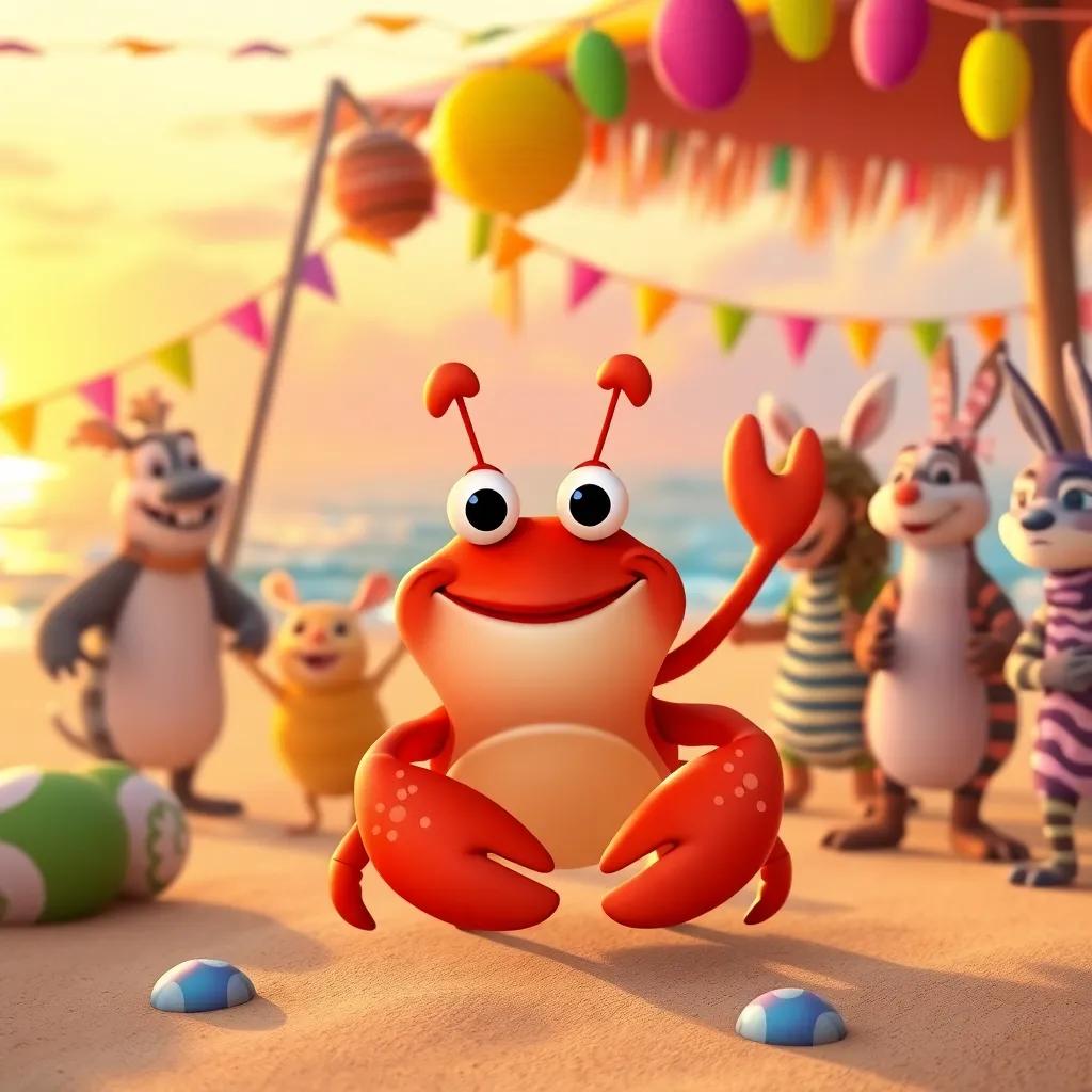A lively beach party with Carlos the crab smiling among his friends, colorful decorations, animals dancing together, sunset view with warm colors, festive and cheerful mood, high quality illustration, child-friendly