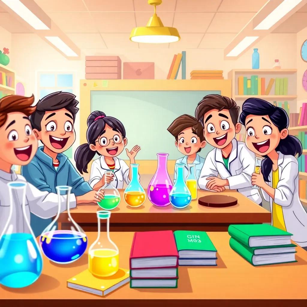 Un group of young Hispanic students, excited and gathered around a table in a science classroom filled with colorful beakers and magical books, bright atmosphere, illustration, cheerful, vibrant colors, child-friendly design, high quality