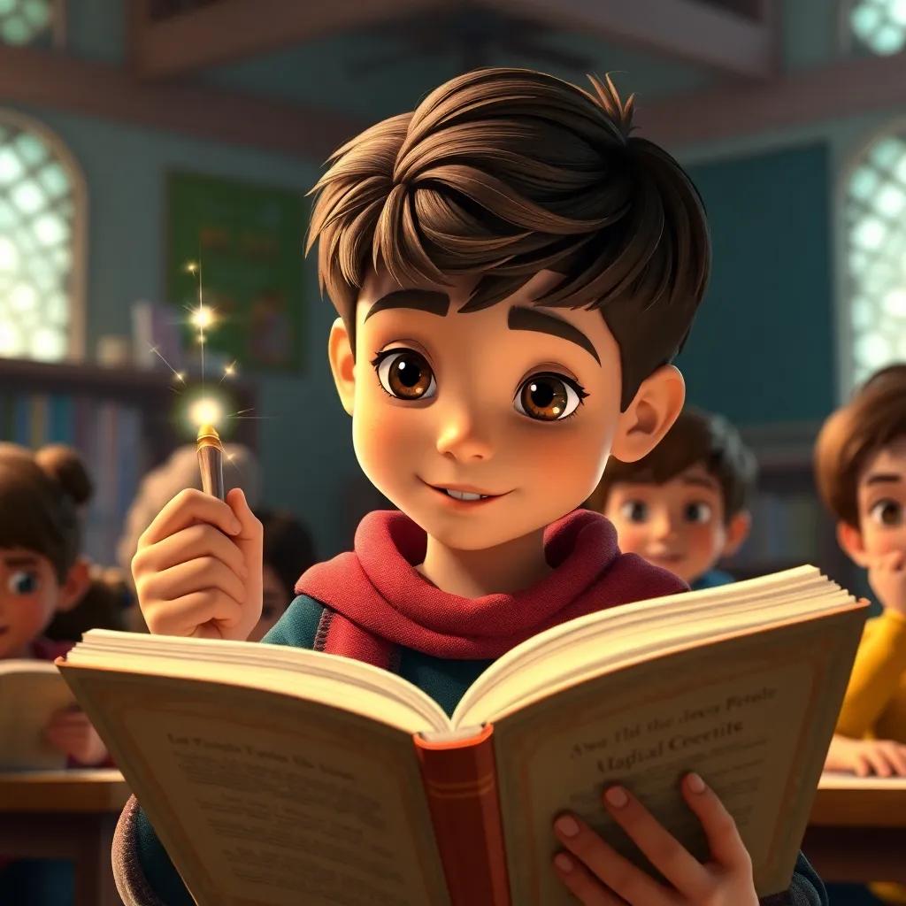A boy named Carlos, a young Hispanic student with short brown hair, reading from a large magical book with a wand in his hand, surrounded by friends, classroom environment, detailed, engaging, warm glow, high quality