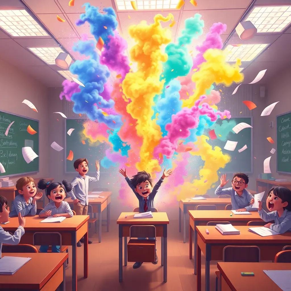 A magical explosion in the classroom with colorful smoke, floating desks and flying papers, students looking surprised and excited, magical chaos, illustration, dynamic scene, captivating colors, high quality