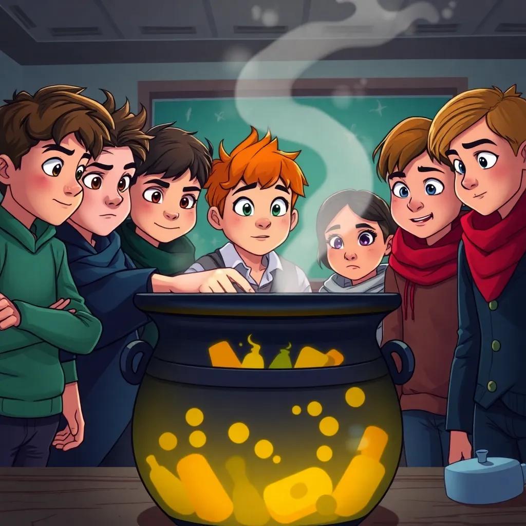 A group of students, looking determined and focused, working together to mix new potion ingredients in a large cauldron, classroom background, mood of teamwork, vibrant colors, expressive faces, high quality