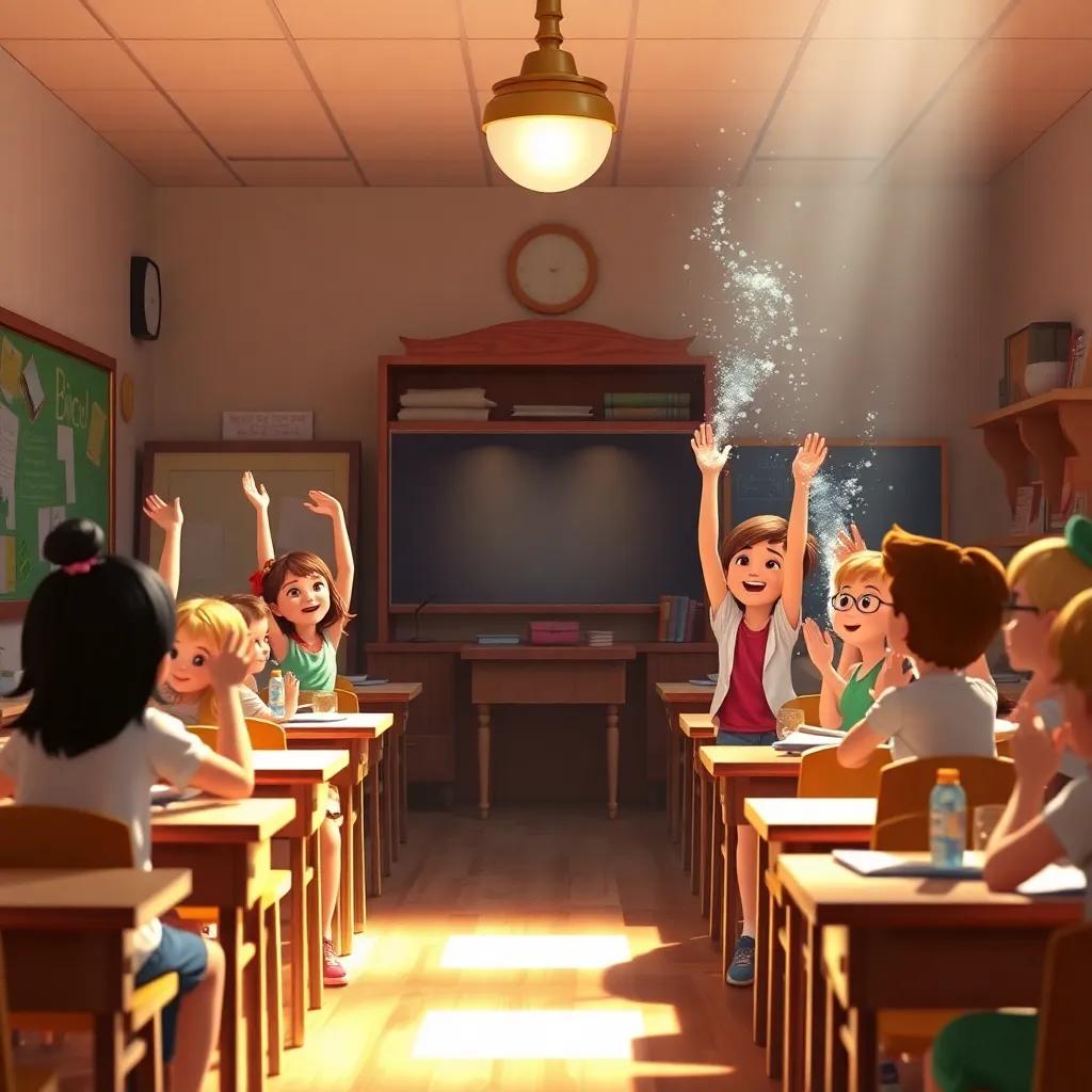 An enchanting scene where the classroom is returning to normal after the magical chaos, students cheering and celebrating their success, warm light, friendly environment, cheerful atmosphere, high quality