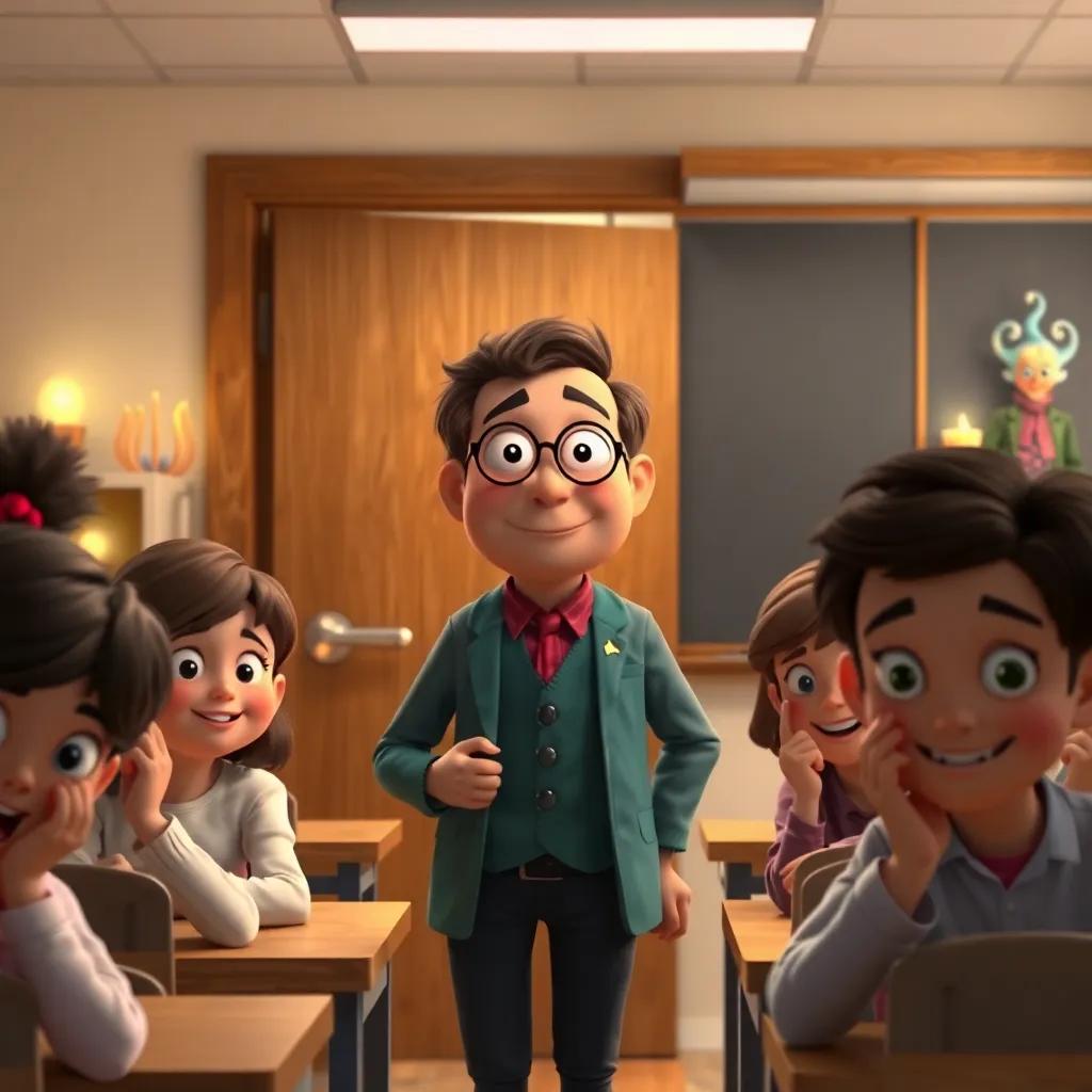 A teacher entering the classroom looking confused but pleased, students hiding their smiles, magical artifacts still subtly glowing in the background, playful scene, light-hearted mood, high quality