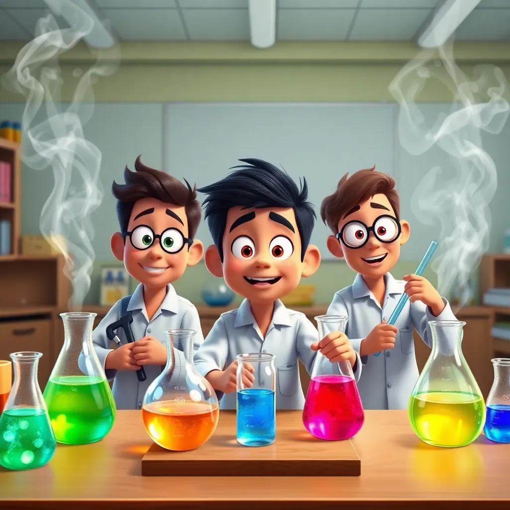 Carlos and his friends now busy in their magical science experiments, working in a controlled and organized classroom, colorful beakers bubbling with smoke, dedicated expressions, high quality
