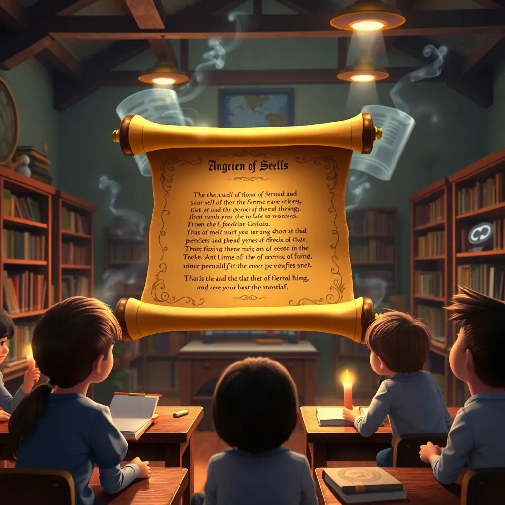 A magical scroll that rolls open on its own, displaying an ancient spell, students observing in awe, classroom filled with books and enchantment, high quality
