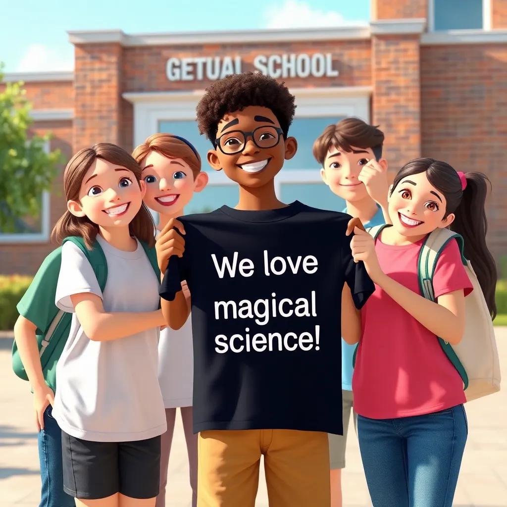 A group of students with smiles, holding a t-shirt that says 'We love magical science!' standing outside their school, bright sunny day, joyful expressions, high quality