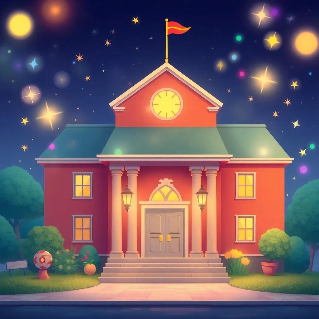 A whimsical illustration of the school building, with magical elements floating around, like sparkles and colorful lights, a friendly atmosphere, inviting and imaginative, high quality