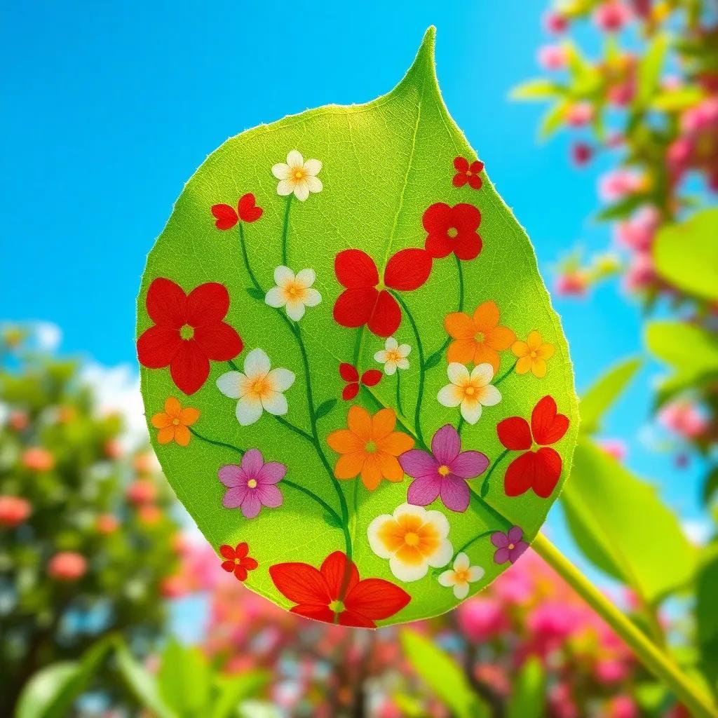 A bright green leaf with beautiful colors painted on it, showcasing flowers, trees, and blue skies, digital art, vibrant colors, inspiring atmosphere, close-up view, high quality