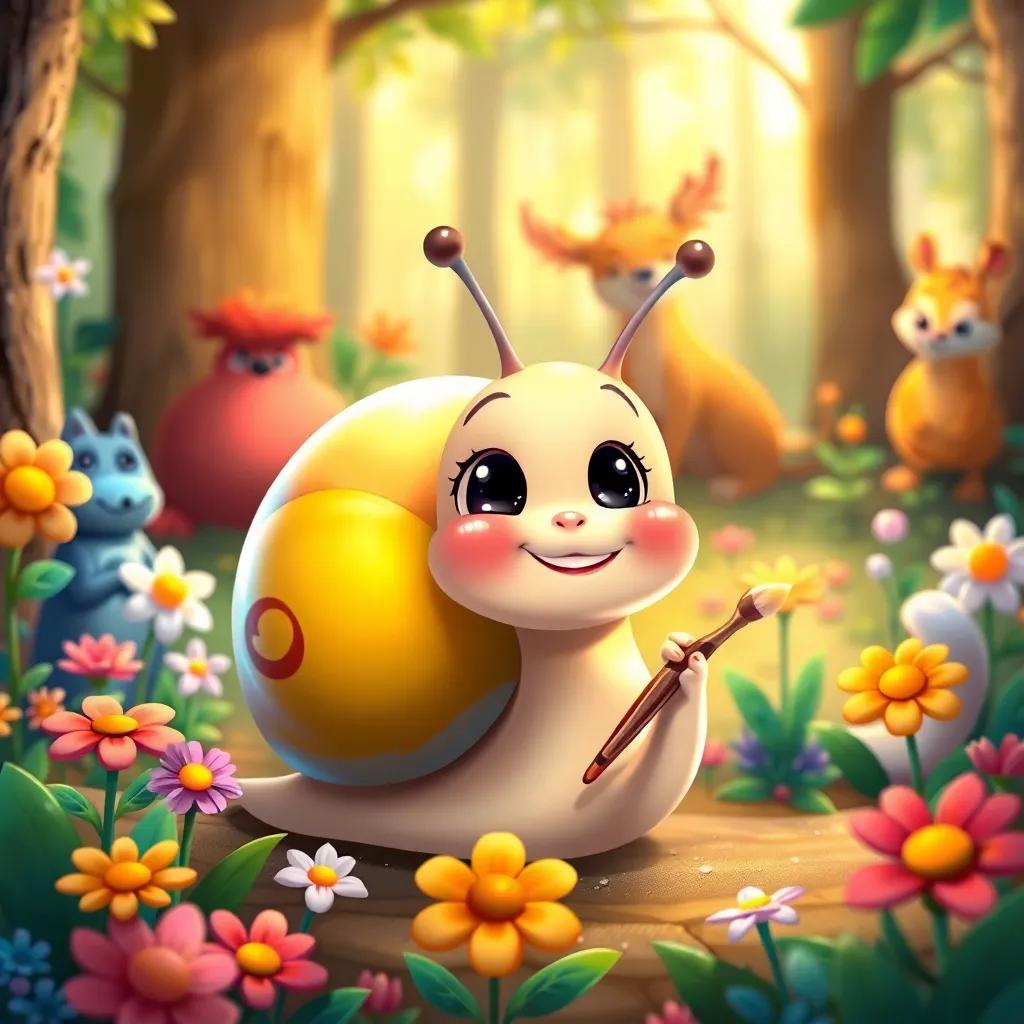 Carlos, a cute snail, with a shiny shell and a small paintbrush, surrounded by colorful flowers and forest animals watching him paint, cheerful illustration, warm light, child-friendly scene, high quality