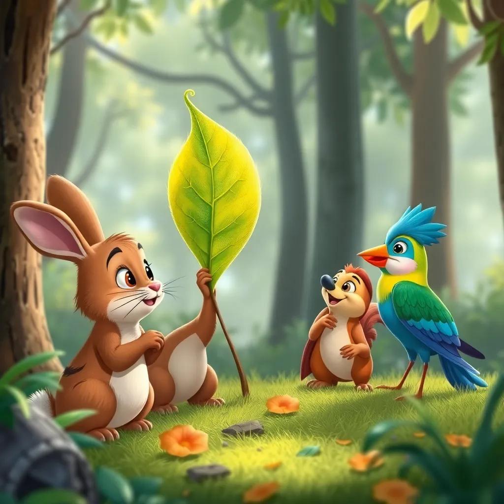 A group of forest animals including a rabbit, a squirrel, and a bird, admiring Carlos's artwork on the leaf, expressions of wonder and joy, playful illustration, bright colors, engaging perspective, high quality