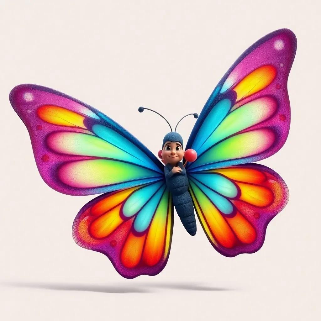 The beautiful butterfly, talking to Carlos, encouraging him to keep painting, with colorful wings and a friendly smile, whimsical digital art, light background, uplifting atmosphere, high quality