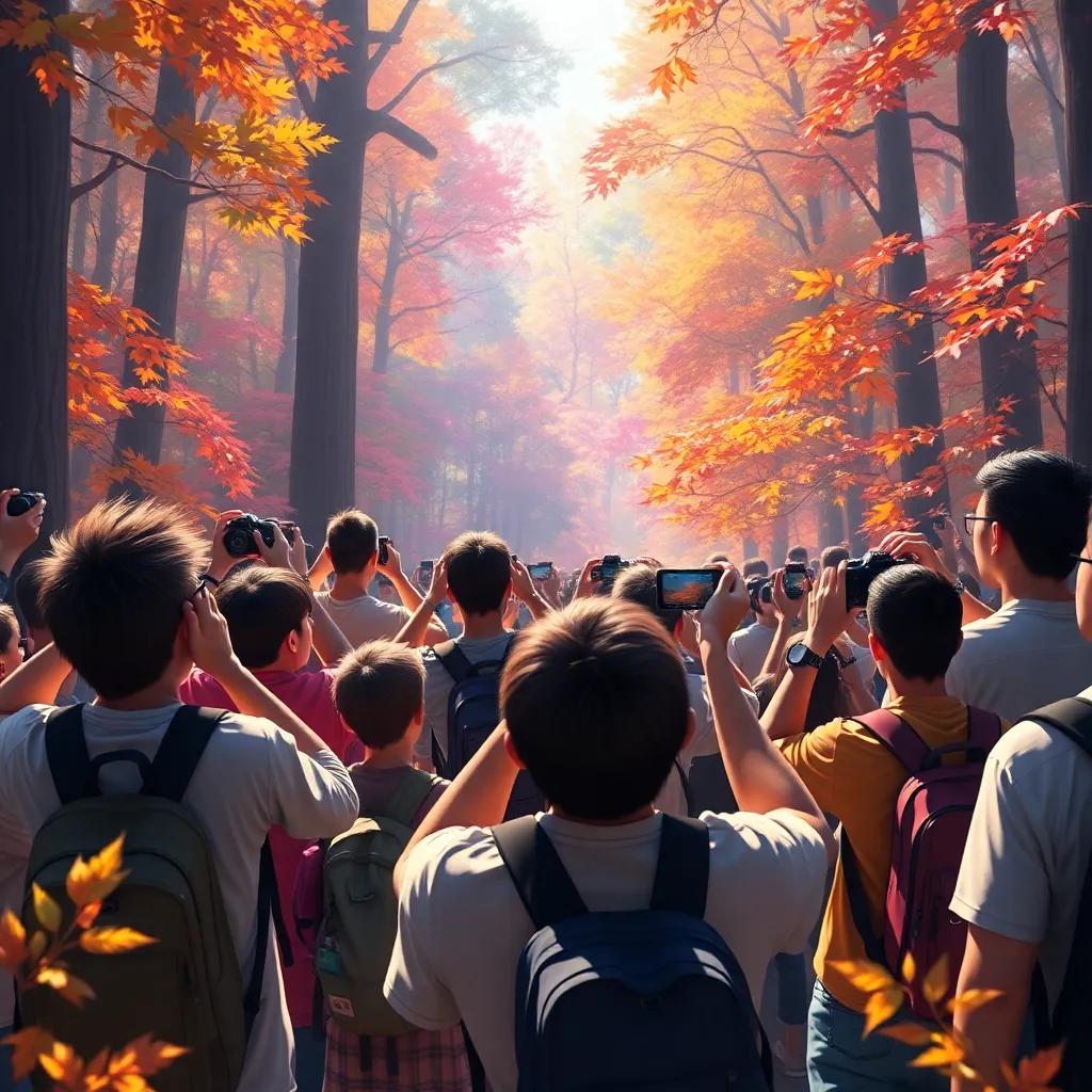 A group of humans in the forest amazed by Carlos's paintings, taking photos with their cameras, surrounded by trees and colorful leaves, exciting scene, warm light, lively and vibrant colors, high quality