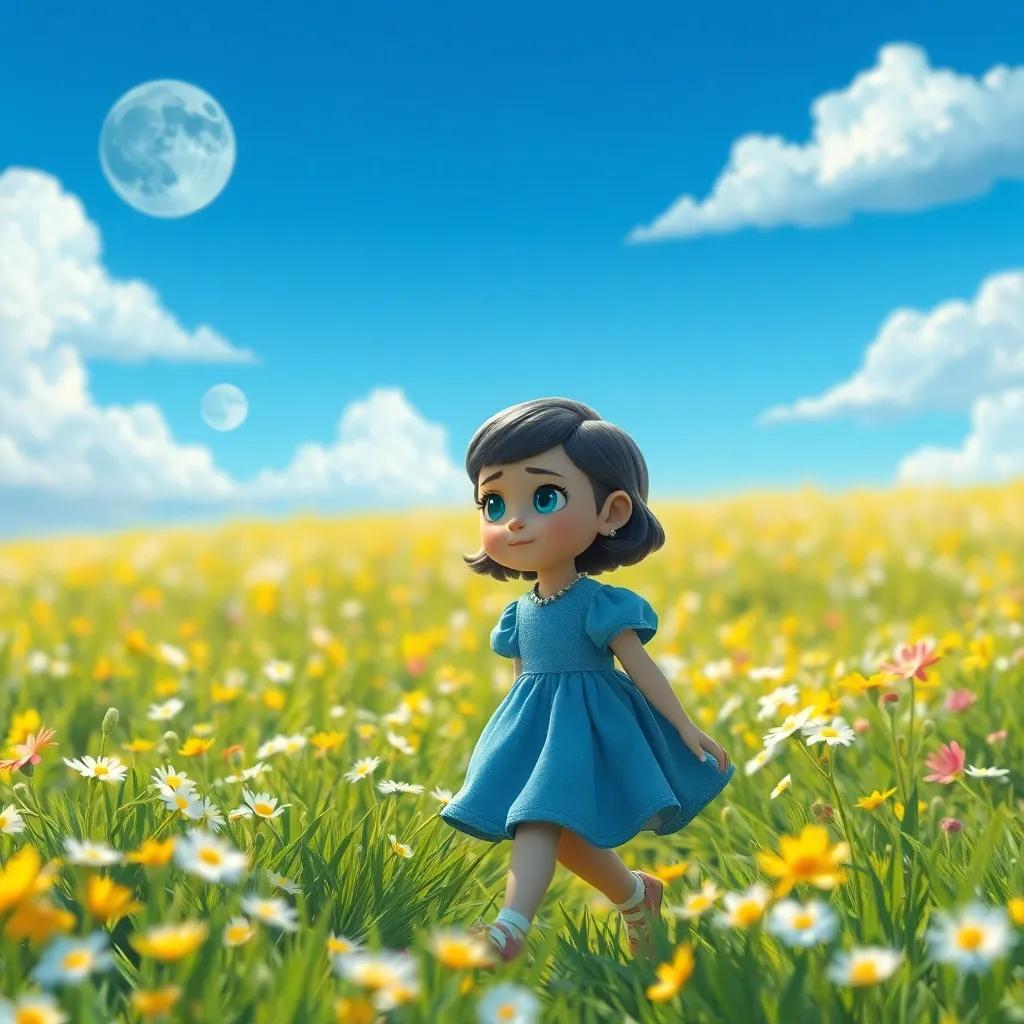 Una niña curiosa llamada Luna, con cabello rizado y vestido azul, caminando por un campo lleno de flores brillantes, bajo un cielo azul con suaves nubes blancas, estilo digital, vibrantes colores, ambiente alegre, calidad alta.