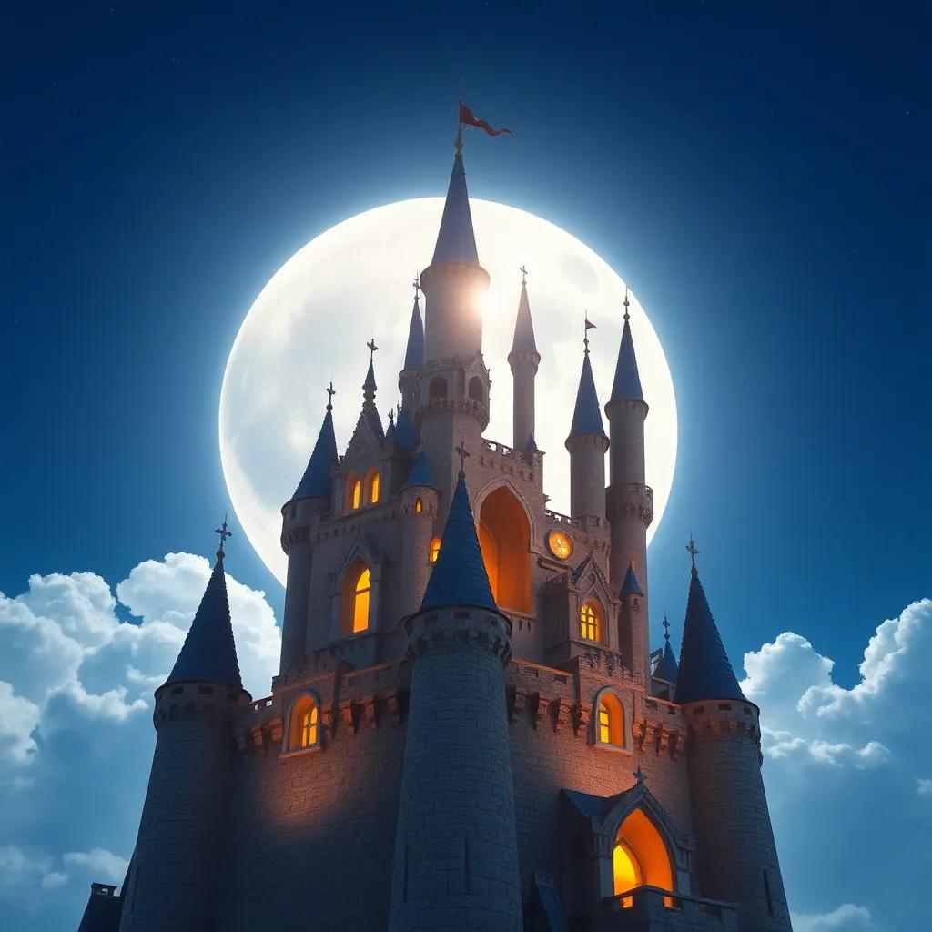 El castillo de la luna, grande y resplandeciente, con torres de estrellas y nubes, brillando en el cielo. Luna explorando su hermoso exterior, rodeado de un cielo azul. digital art, brillante, mágico, perspectiva asombrosa, calidad alta.